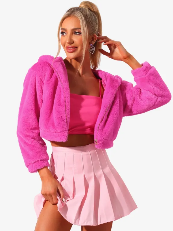 Casual Faux Fur Coat Zip Up Hooded Cropped Fuzzy Fleece Jacket sold by Allegra K