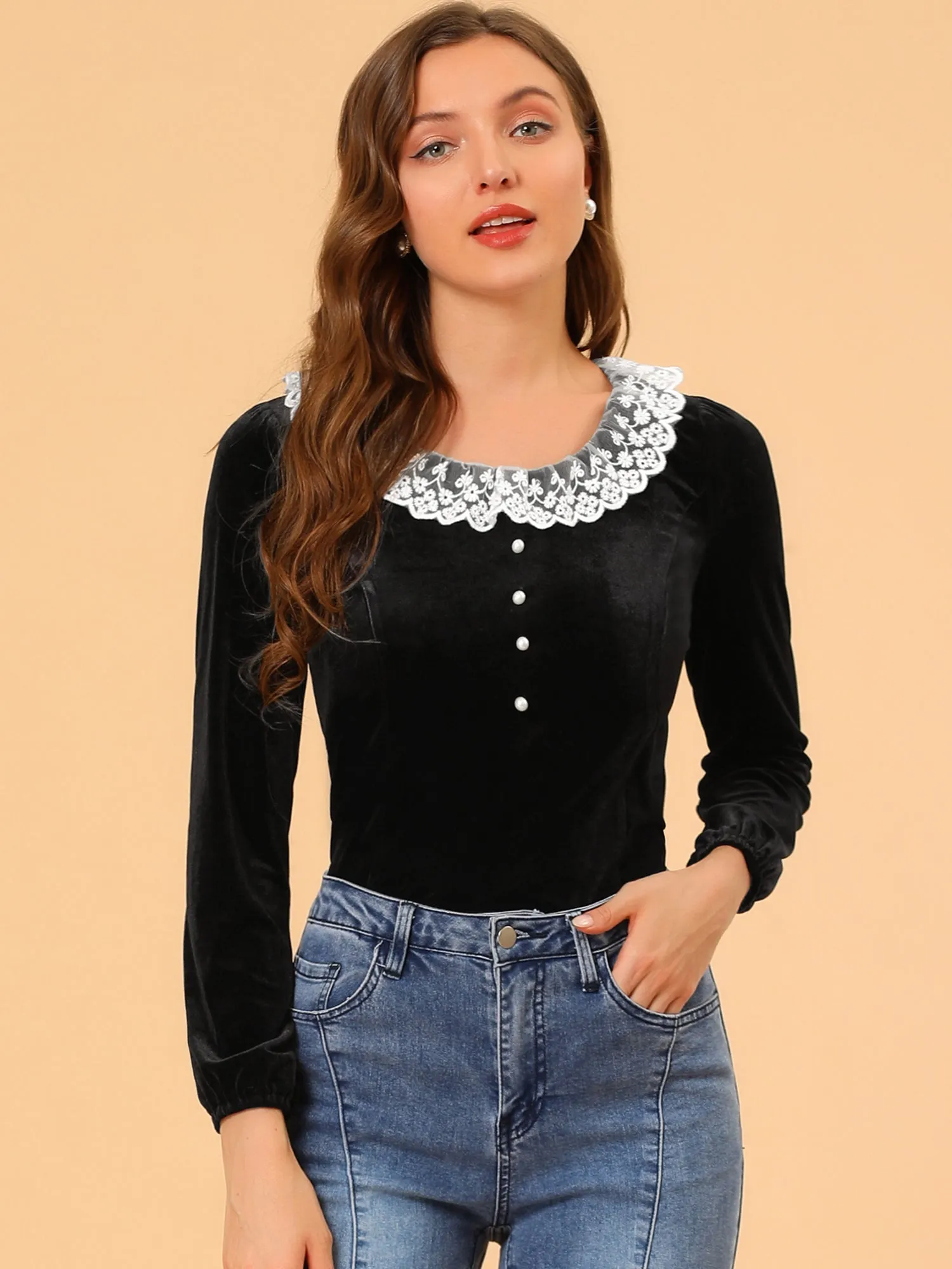 Contrast Color Slim Fit Long Sleeve Velvet Top sold by Allegra K product image thumbnail 2