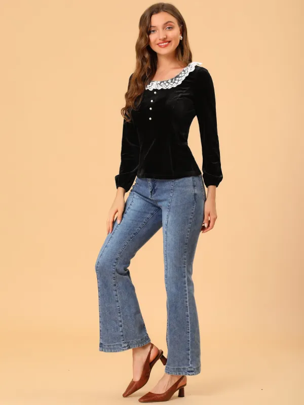 Contrast Color Slim Fit Long Sleeve Velvet Top sold by Allegra K