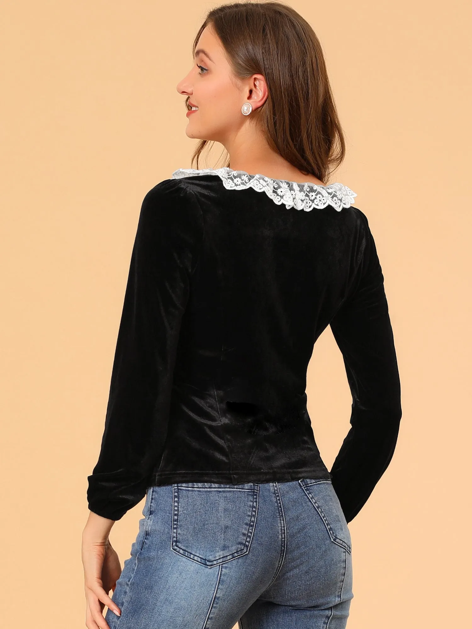 Contrast Color Slim Fit Long Sleeve Velvet Top sold by Allegra K product image thumbnail 4