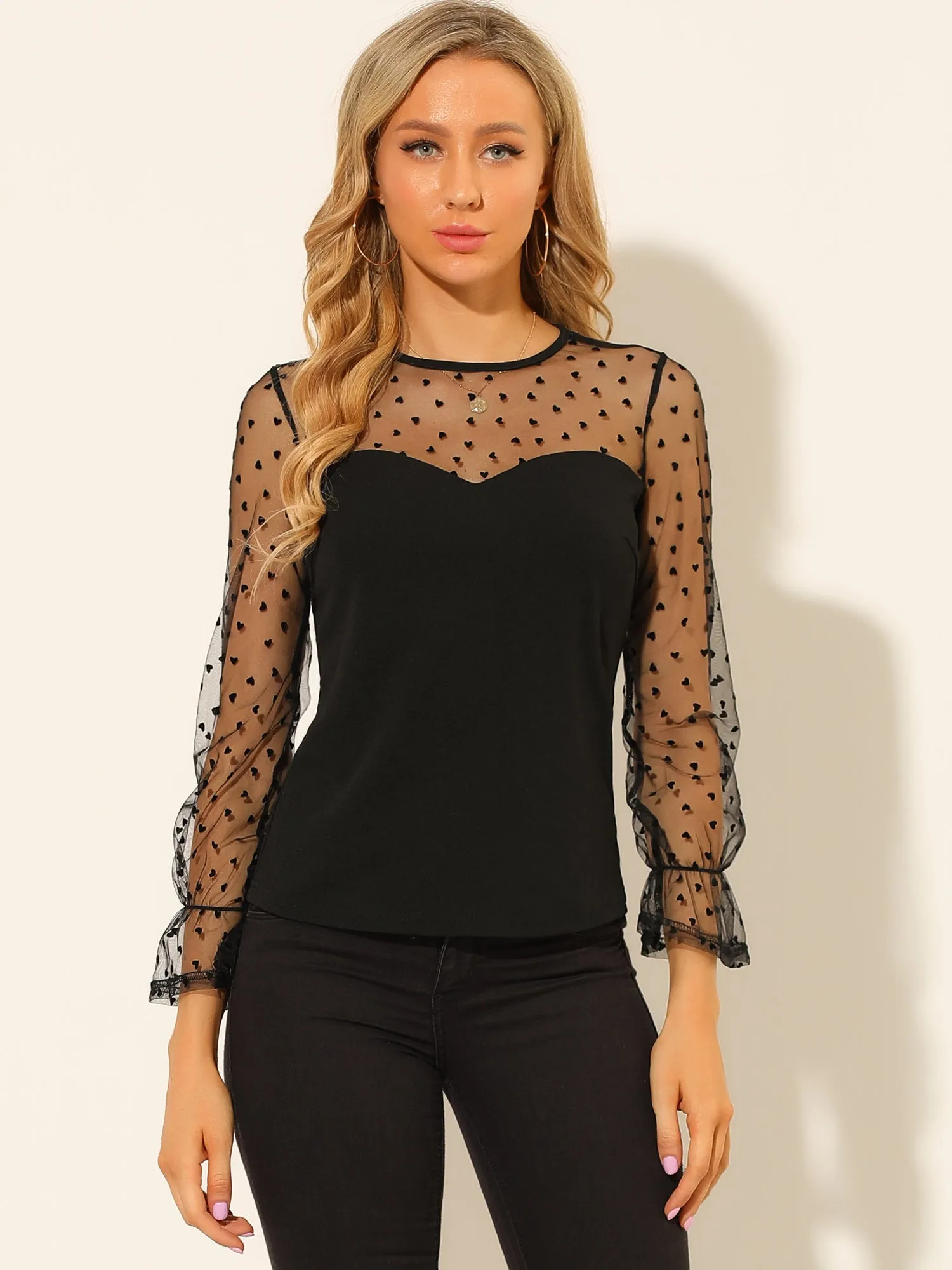Lace Round Neck Heart Dots Sheer Blouse Long Mesh Sleeve Top sold by Allegra K product image thumbnail 3