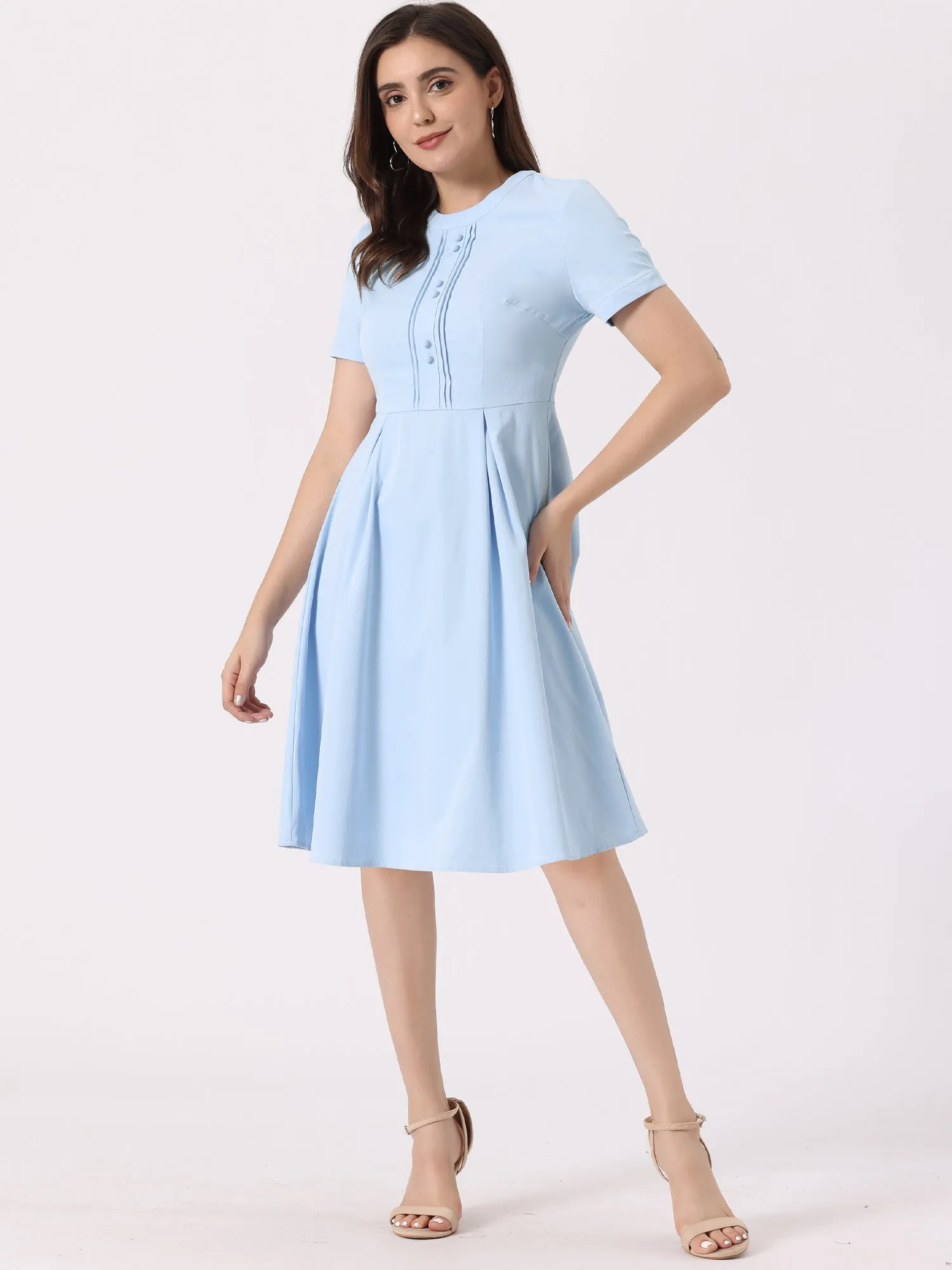 Vintage Round Neck Short Sleeve Pleated 1950s Midi Dress sold by Allegra K product image thumbnail 2