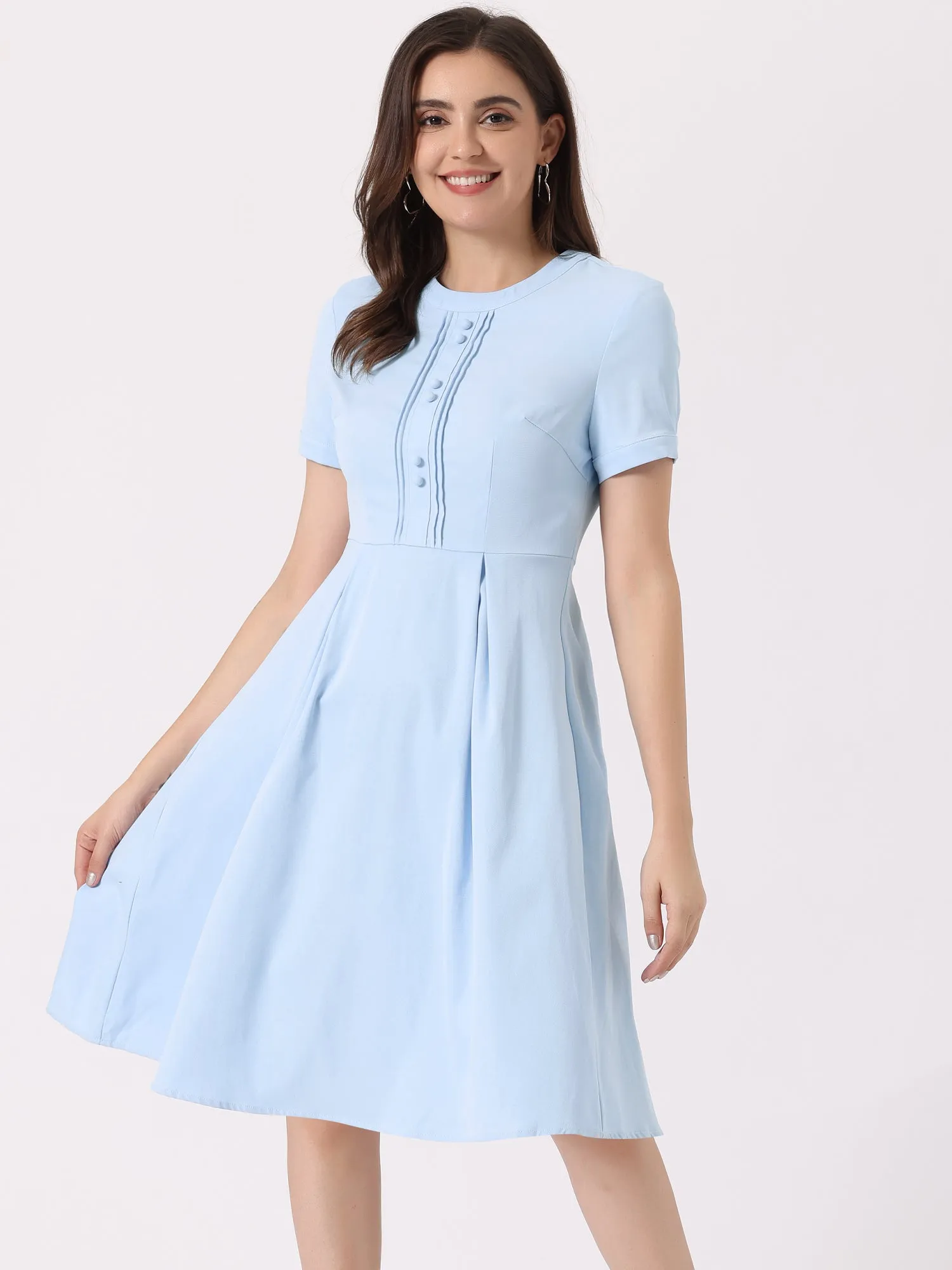 Vintage Round Neck Short Sleeve Pleated 1950s Midi Dress sold by Allegra K