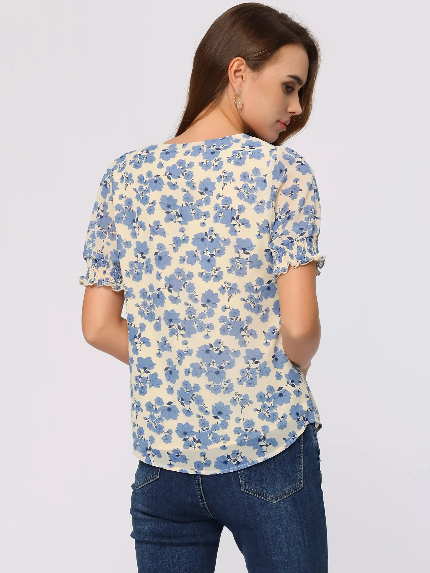 Floral Peasant Blouse Puff Sleeve Pleated Front V Neck Ruffles Tops sold by Allegra K product image thumbnail 3