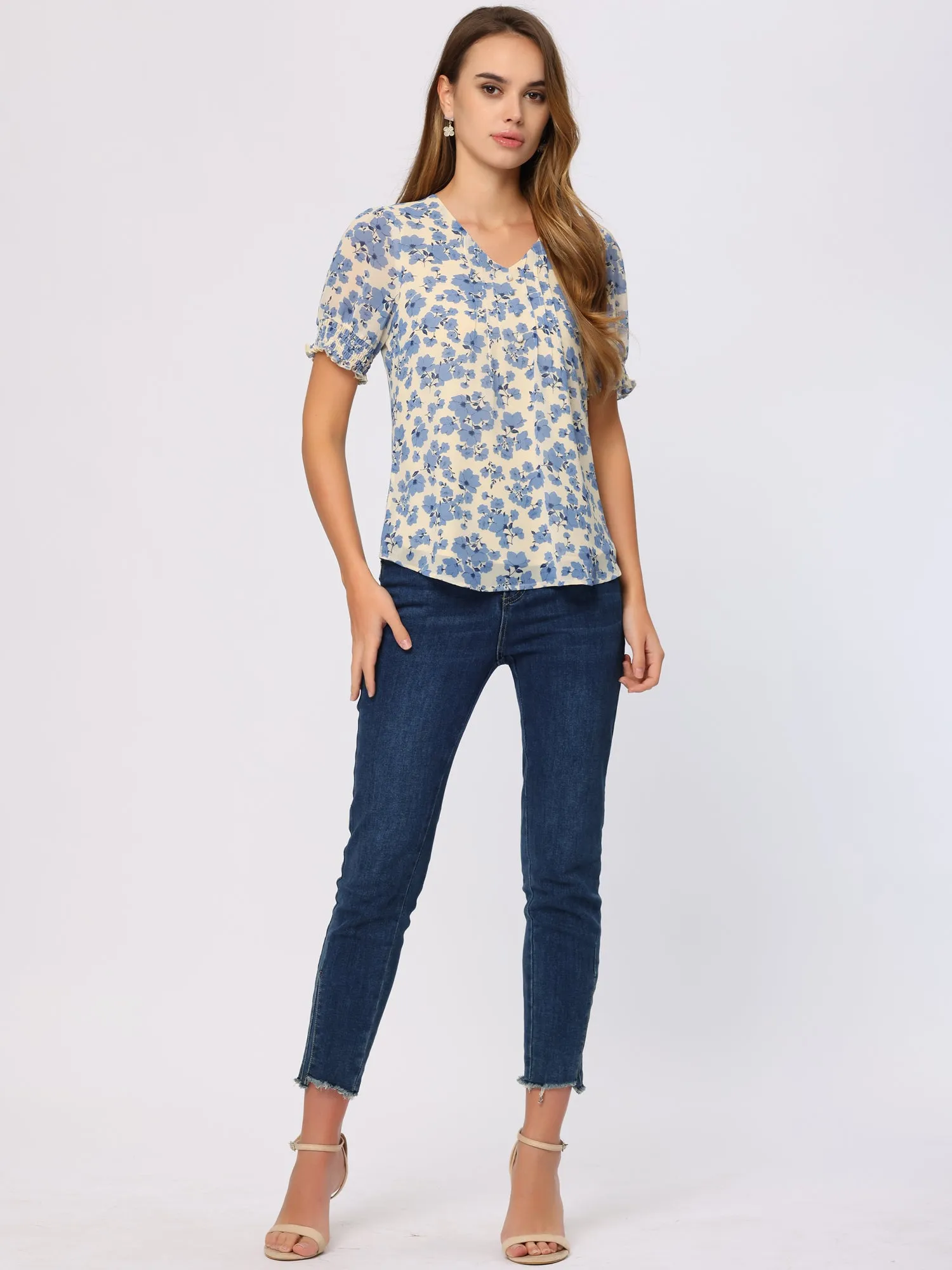 Floral Peasant Blouse Puff Sleeve Pleated Front V Neck Ruffles Tops sold by Allegra K product image thumbnail 2