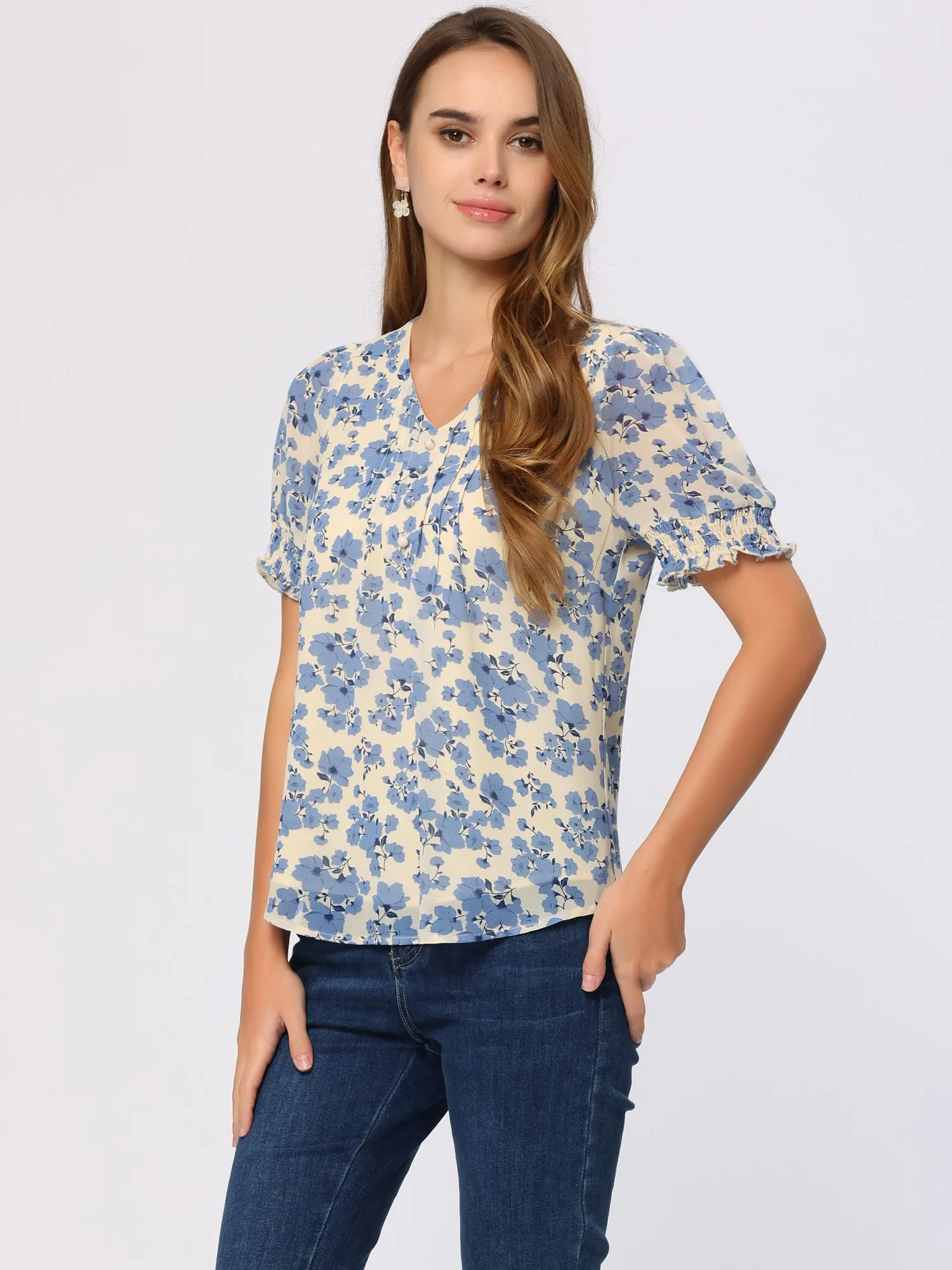 Floral Peasant Blouse Puff Sleeve Pleated Front V Neck Ruffles Tops sold by Allegra K