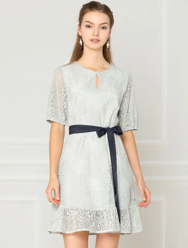Summer Lace Half Sleeve Tie Waist Flare A-Line Dress sold by Allegra K