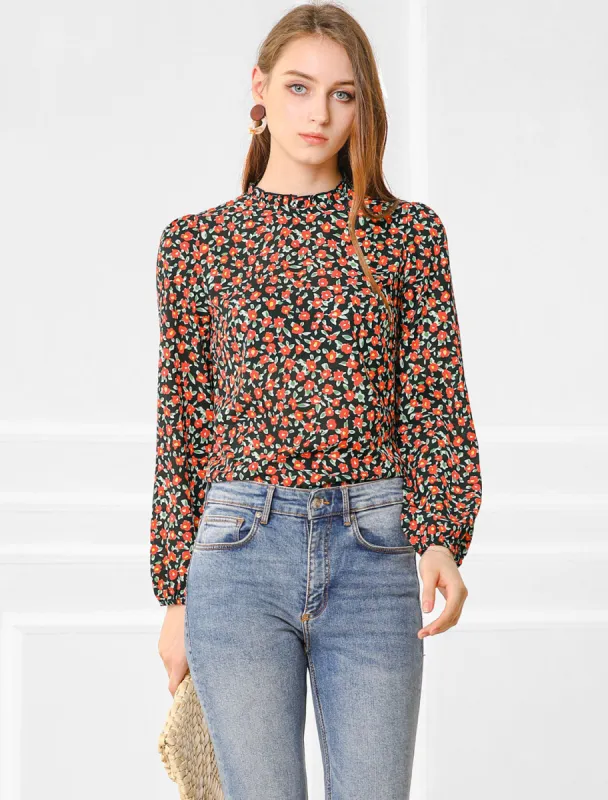 Casual Stand Collared Blouse Long Sleeve Floral Tops sold by Allegra K