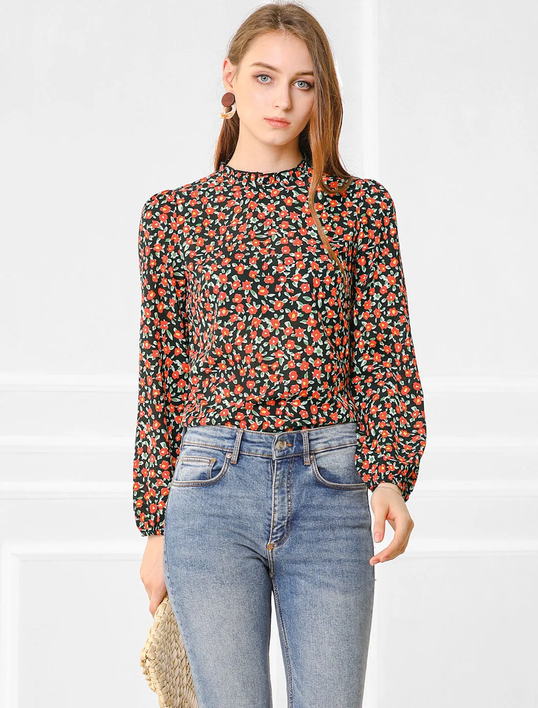 Casual Stand Collared Blouse Long Sleeve Floral Tops sold by Allegra K
