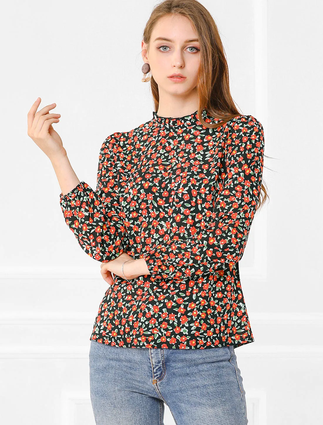Casual Stand Collared Blouse Long Sleeve Floral Tops sold by Allegra K product image thumbnail 3