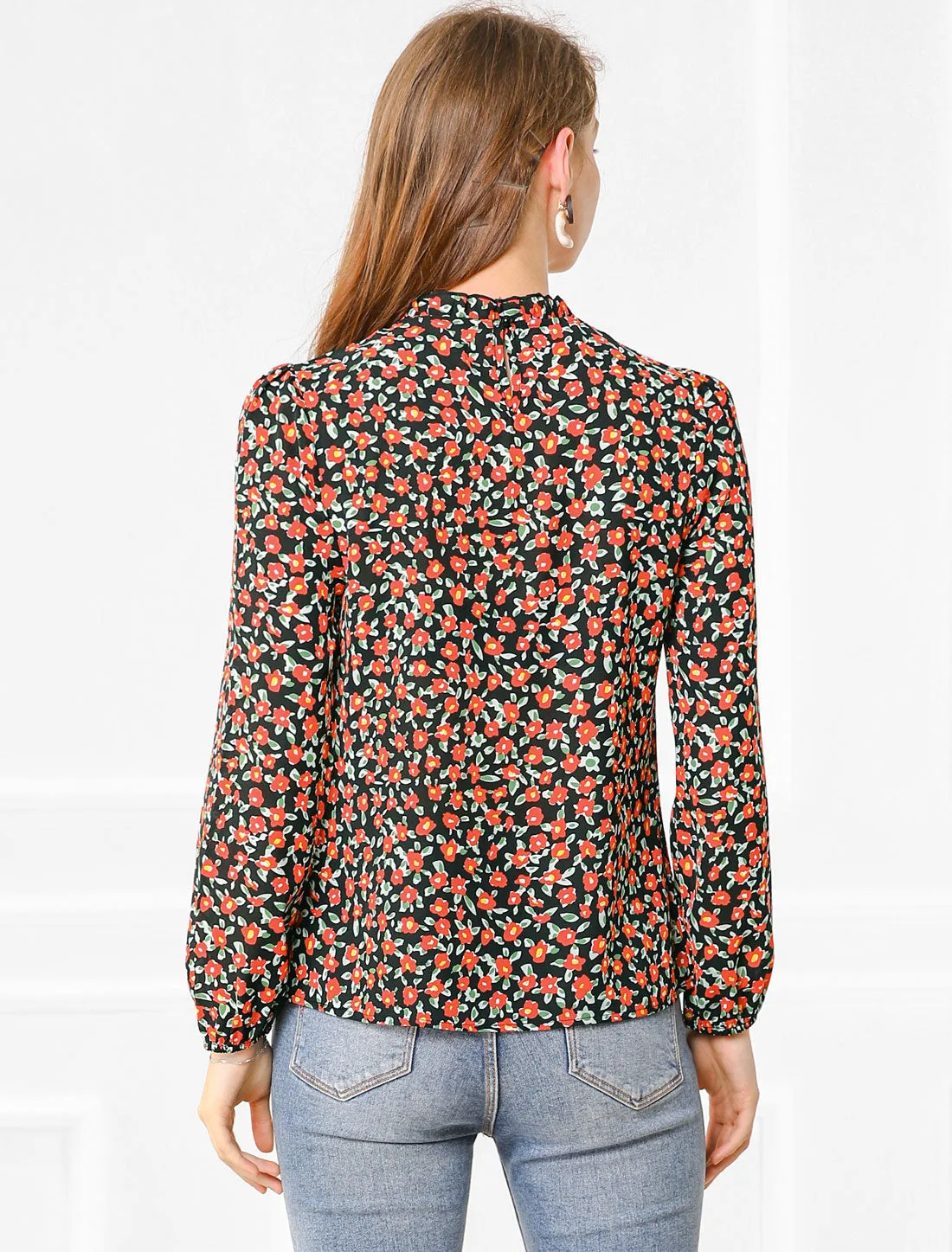 Casual Stand Collared Blouse Long Sleeve Floral Tops sold by Allegra K product image thumbnail 4
