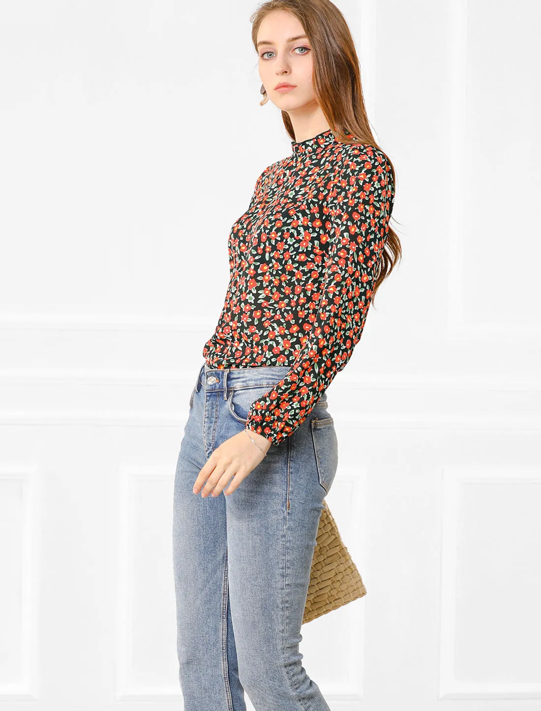 Casual Stand Collared Blouse Long Sleeve Floral Tops sold by Allegra K product image thumbnail 2