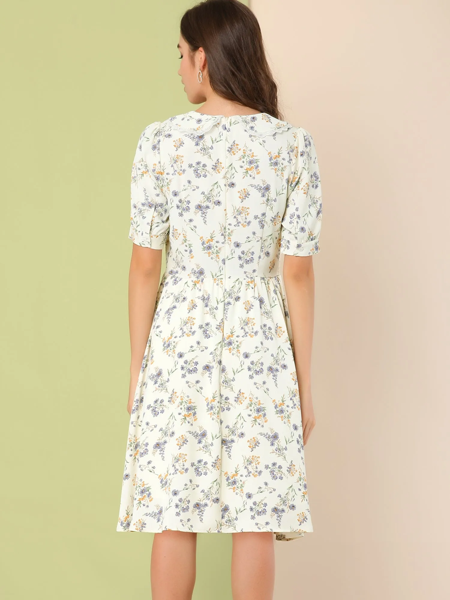 Retro Floral Peter Pan Collar High Waist Puff Sleeve Flowy Midi Dress sold by Allegra K product image thumbnail 5