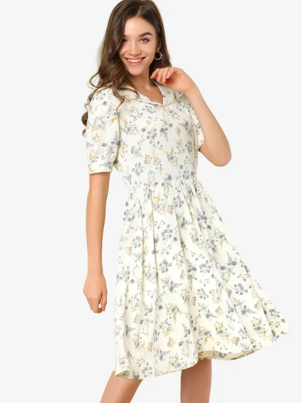 Retro Floral Peter Pan Collar High Waist Puff Sleeve Flowy Midi Dress sold by Allegra K