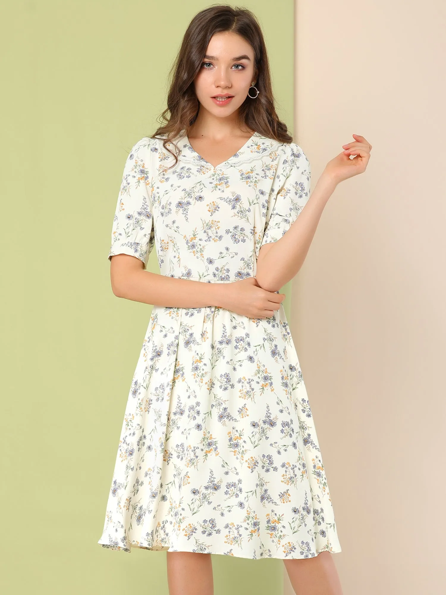 Retro Floral Peter Pan Collar High Waist Puff Sleeve Flowy Midi Dress sold by Allegra K product image thumbnail 3
