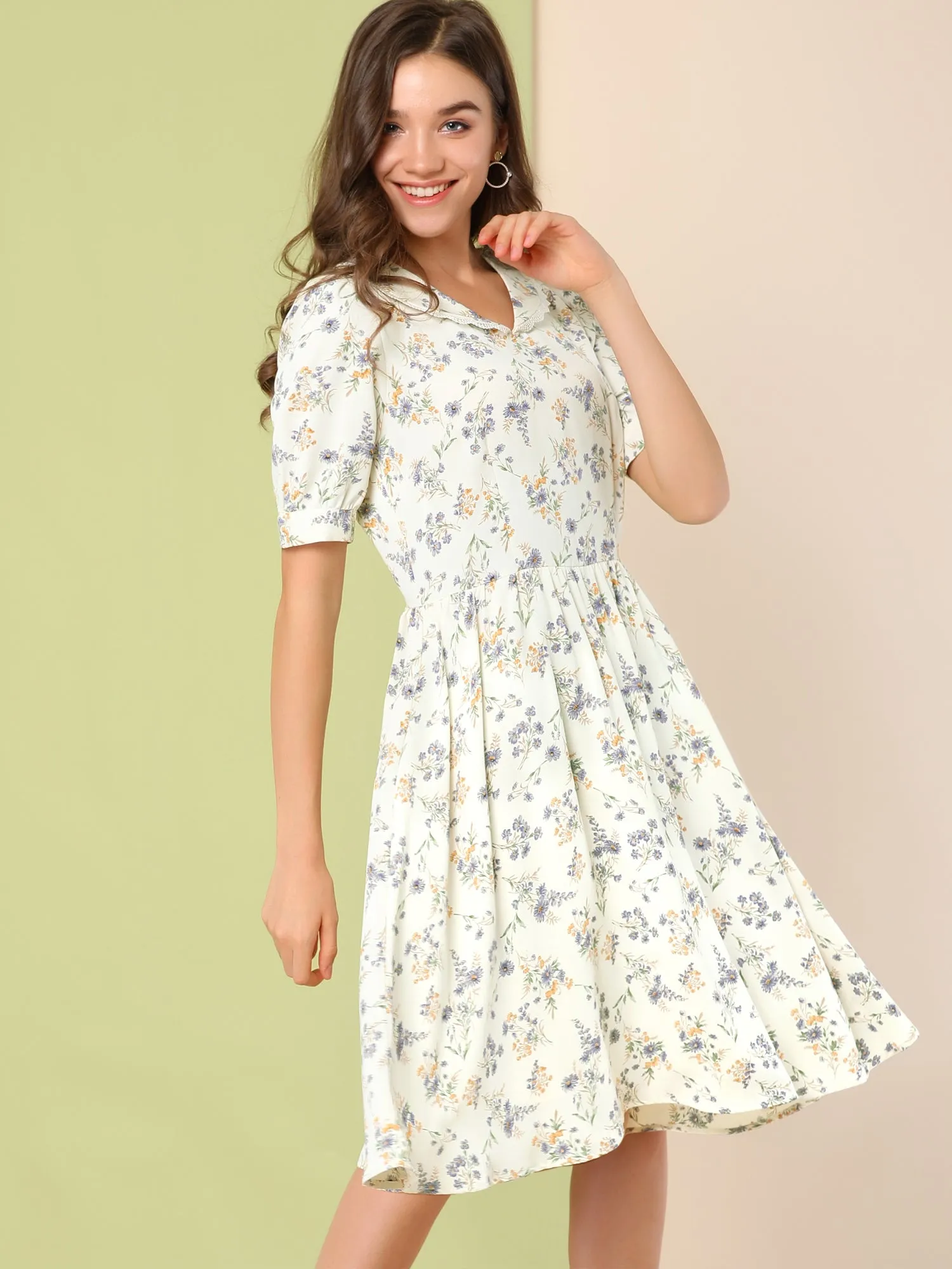 Retro Floral Peter Pan Collar High Waist Puff Sleeve Flowy Midi Dress sold by Allegra K product image thumbnail 2