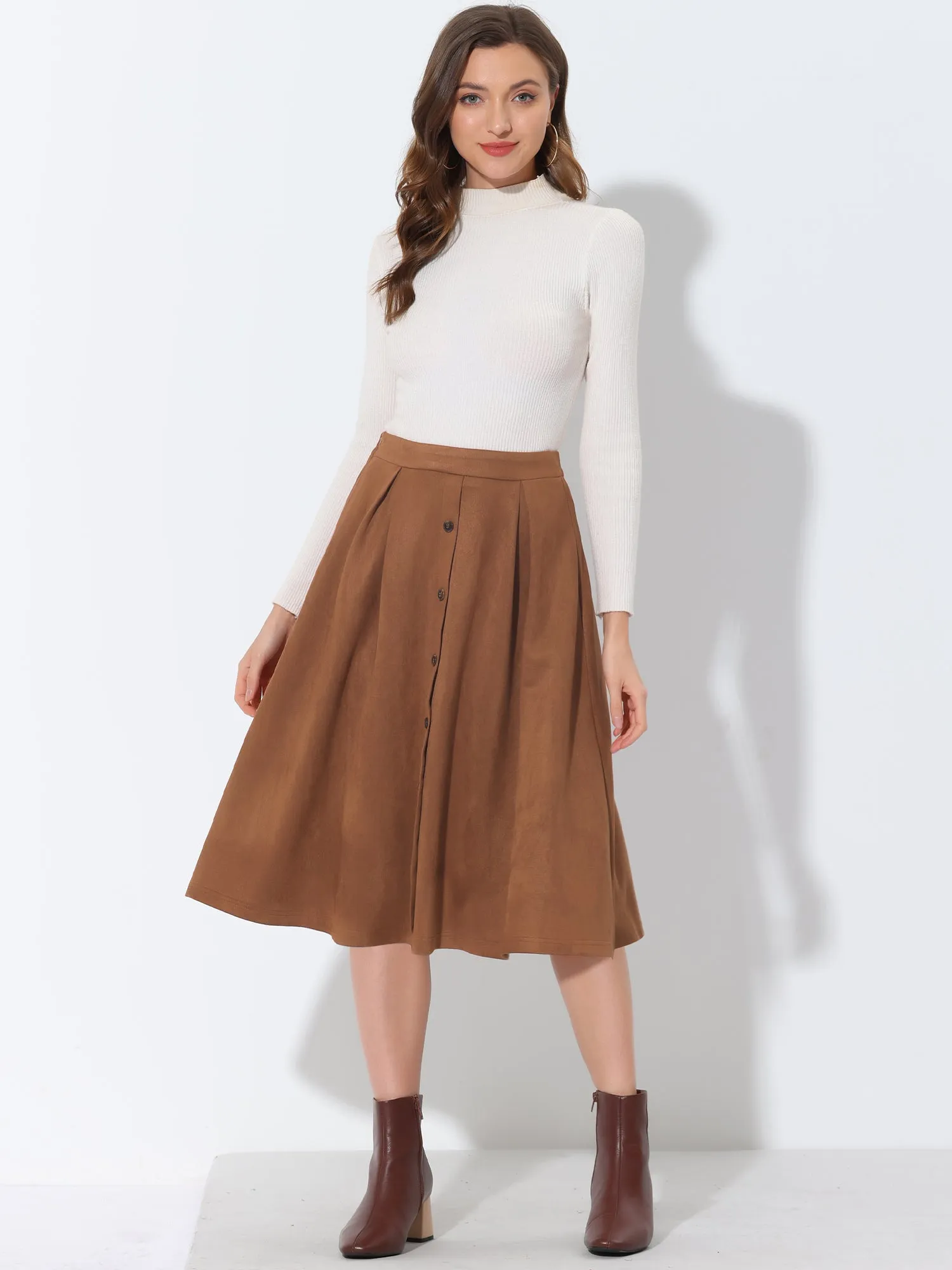 Faux Suede High Waist Swing Flared Midi Casual Skater Skirt sold by Allegra K