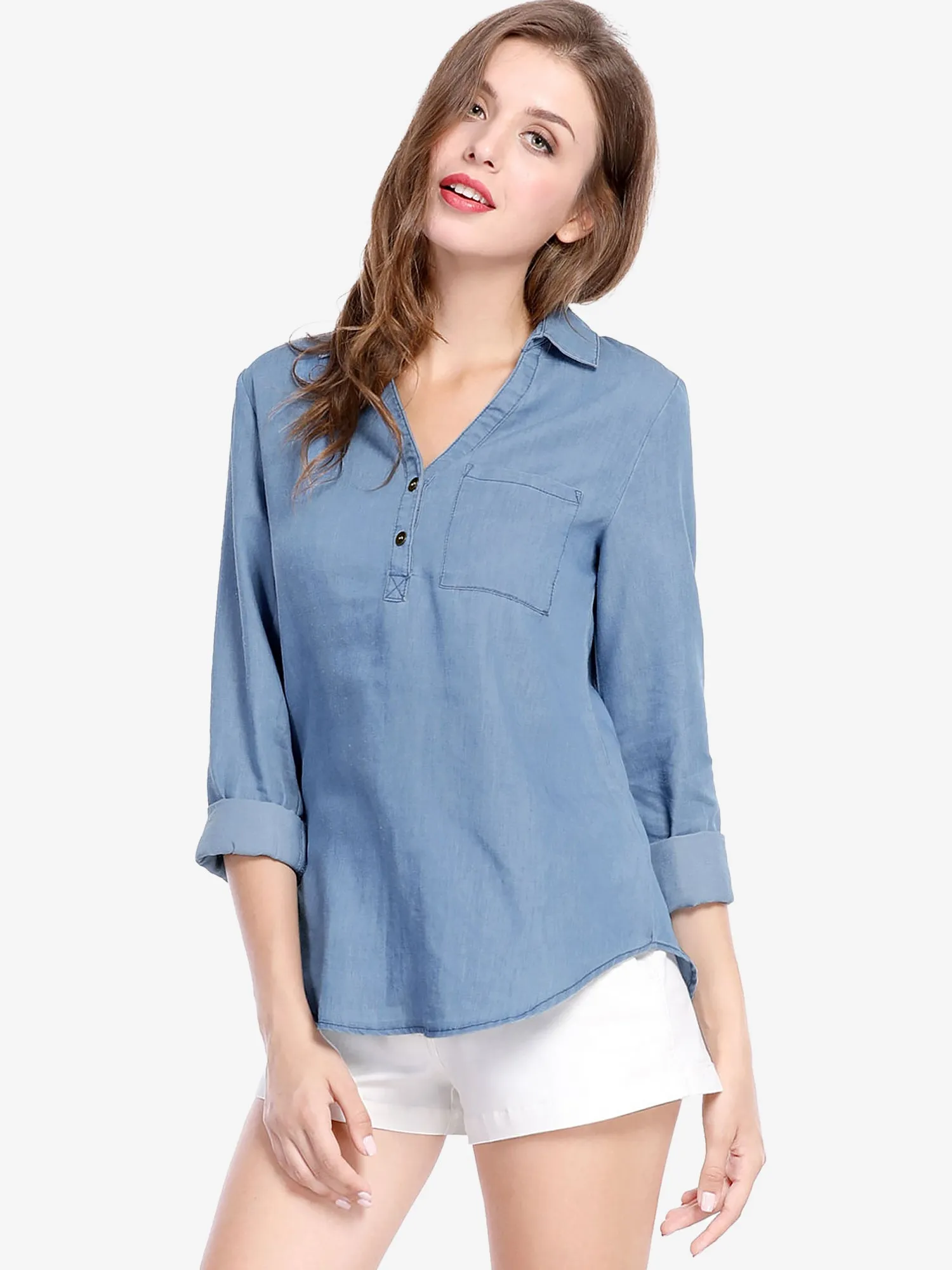 V Neck Turn Down Collar Shirt Top Half Placket Chest Pocket Blouse sold by Allegra K