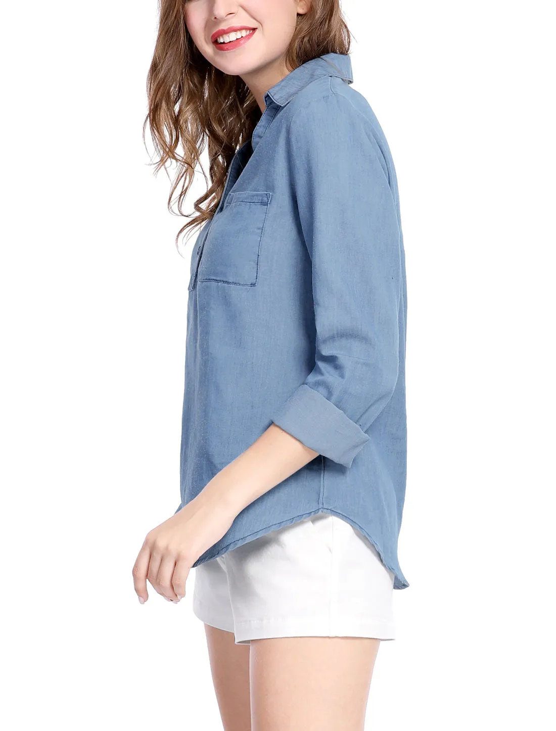V Neck Turn Down Collar Shirt Top Half Placket Chest Pocket Blouse sold by Allegra K product image thumbnail 3