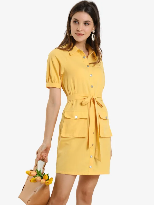 Cotton Belted Shirtdress Short Sleeve Button Down Collar Shirt Dress sold by Allegra K