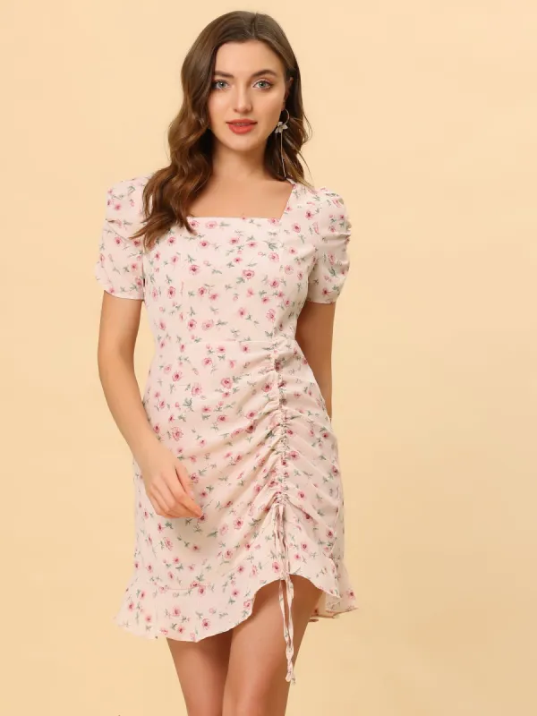 Ruched Front Square Neck Ruffle Hem Puff Short Sleeve Floral Dress sold by Allegra K