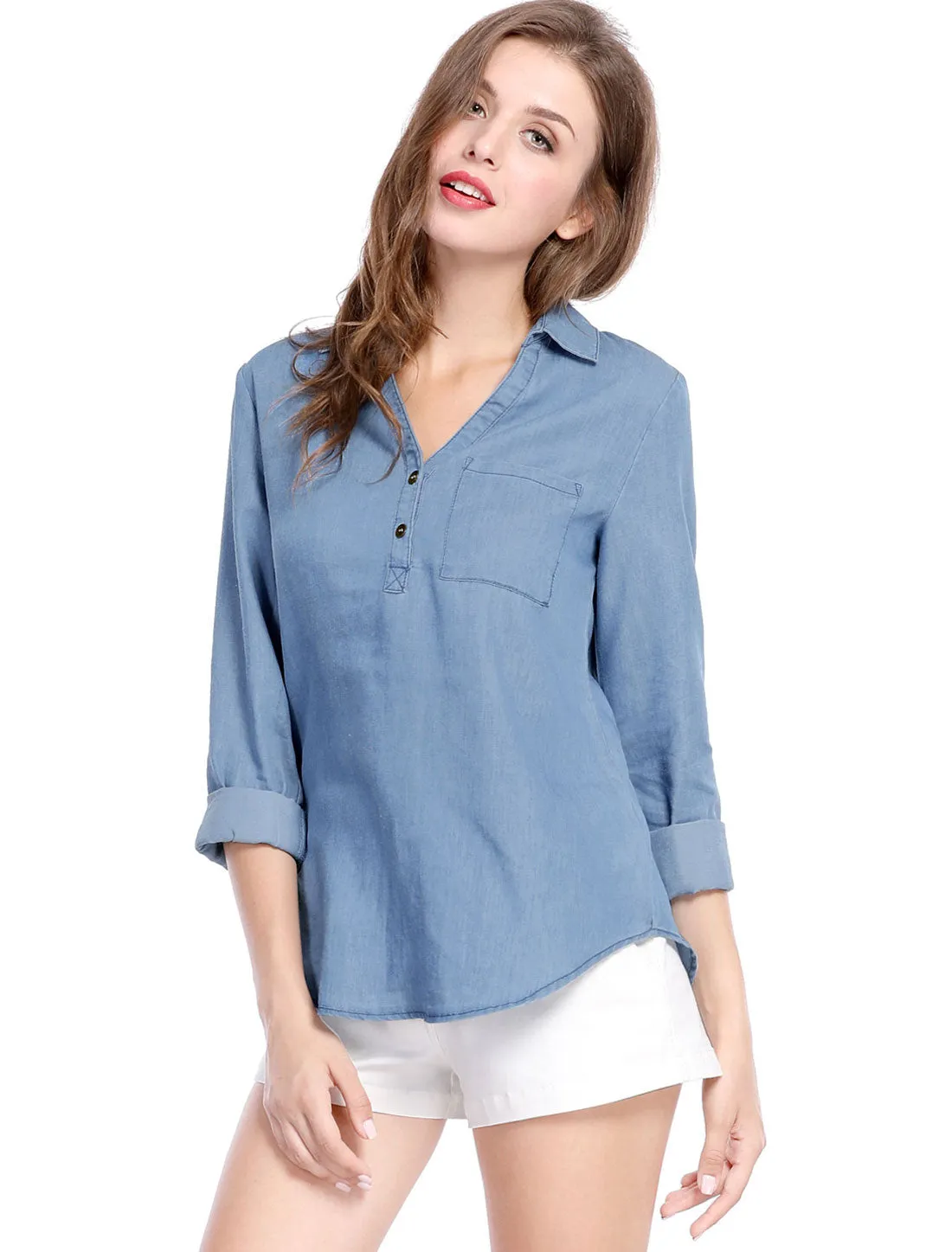 V Neck Turn Down Collar Shirt Top Half Placket Chest Pocket Blouse sold by Allegra K product image thumbnail 2