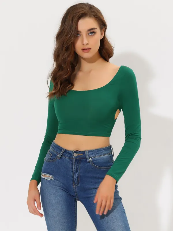Sexy Crop Top Long Sleeve Scoop Neck Crisscross Tie Back Blouse sold by Allegra K