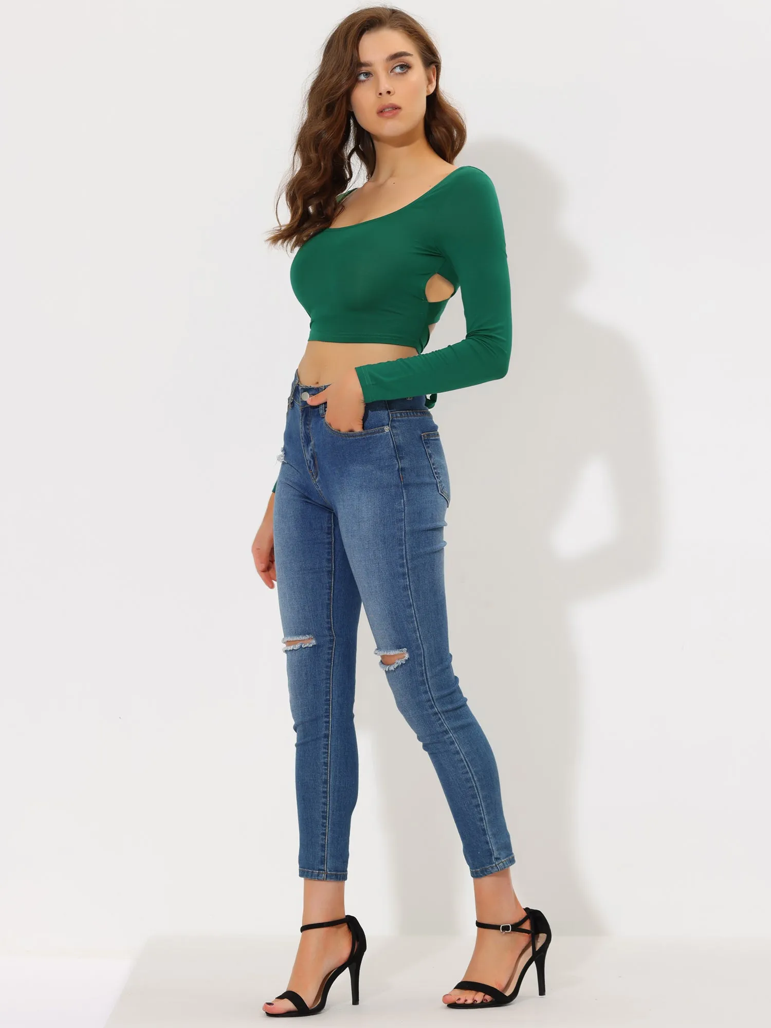 Sexy Crop Top Long Sleeve Scoop Neck Crisscross Tie Back Blouse sold by Allegra K product image thumbnail 2