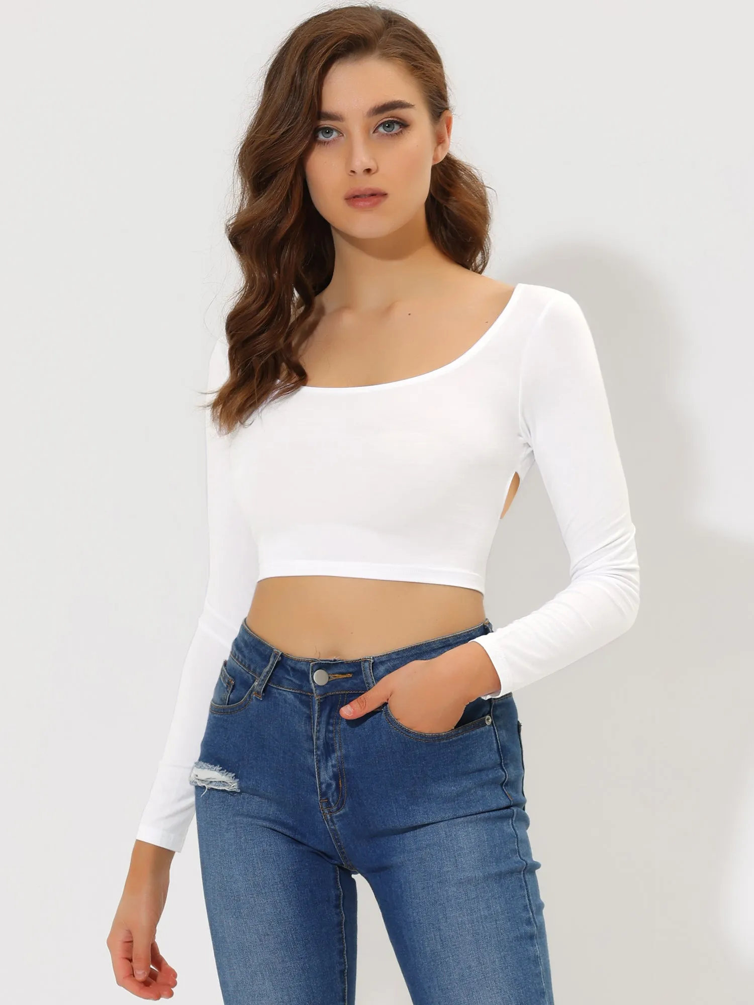 Sexy Crop Top Long Sleeve Scoop Neck Crisscross Tie Back Blouse sold by Allegra K product image thumbnail 5