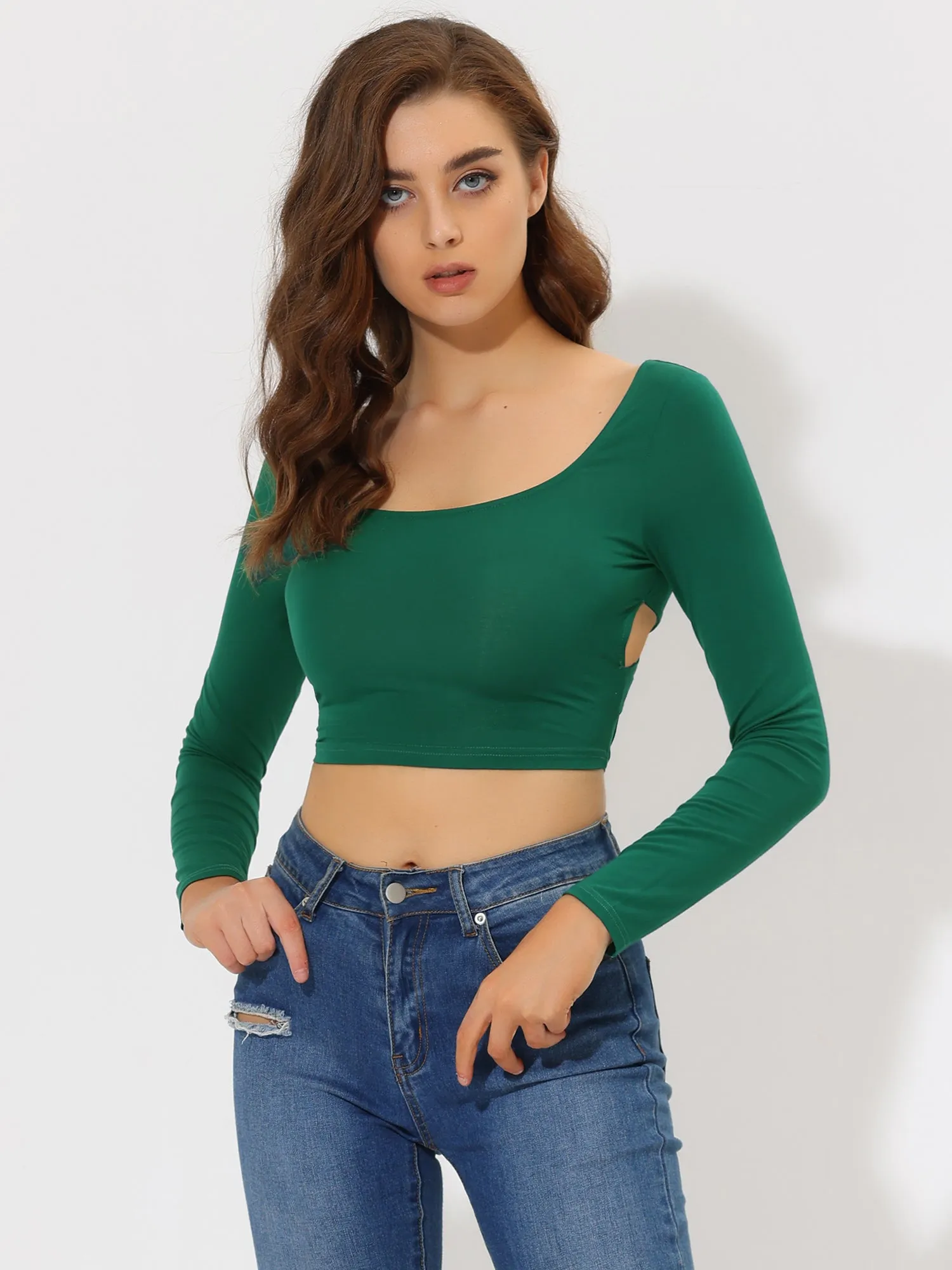 Sexy Crop Top Long Sleeve Scoop Neck Crisscross Tie Back Blouse sold by Allegra K product image thumbnail 3