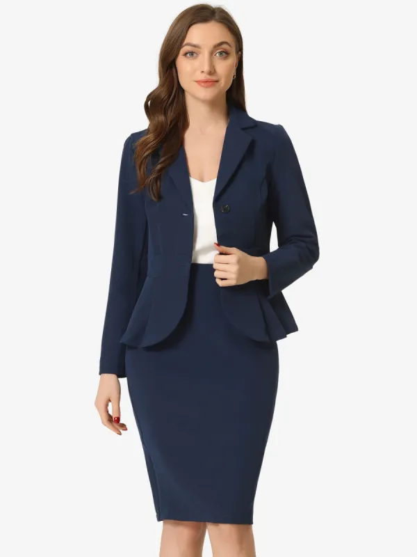Long Sleeve Notched Lapel Peplum Blazer Pencil Skirt 2 Piece Set sold by Allegra K