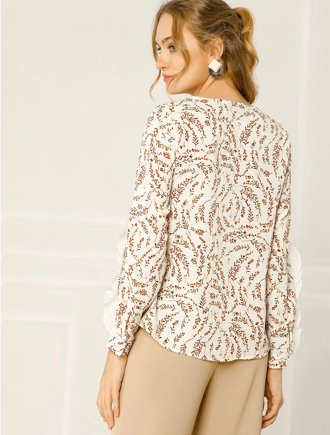 Lace Long Sleeve Keyhole Neck Branch Floral Ruffled Blouse sold by Allegra K product image thumbnail 2