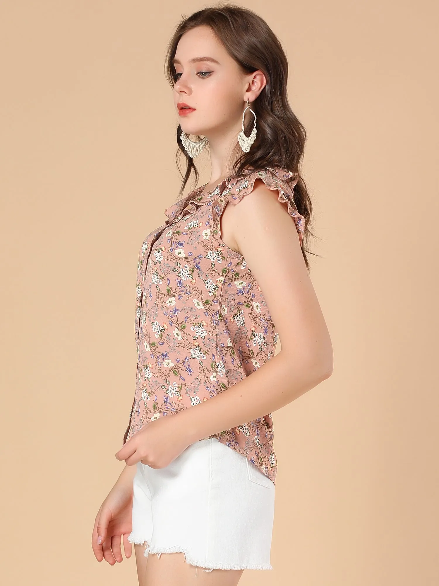 Ruffle Sleeveless Button Up Shirt Floral Blouse sold by Allegra K product image thumbnail 3