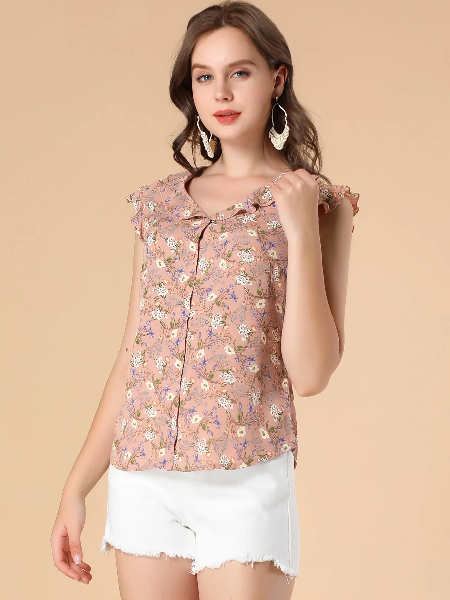 Ruffle Sleeveless Button Up Shirt Floral Blouse sold by Allegra K product image thumbnail 2