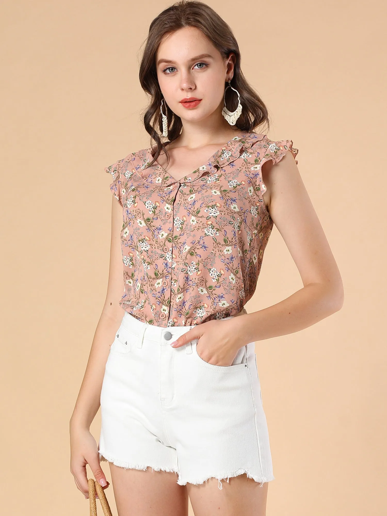 Ruffle Sleeveless Button Up Shirt Floral Blouse sold by Allegra K