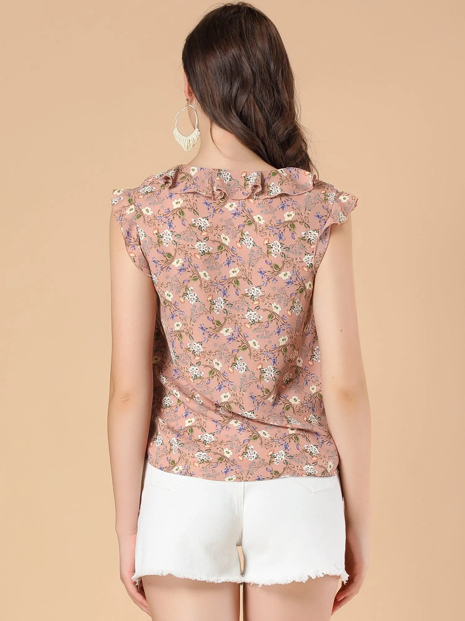 Ruffle Sleeveless Button Up Shirt Floral Blouse sold by Allegra K product image thumbnail 5