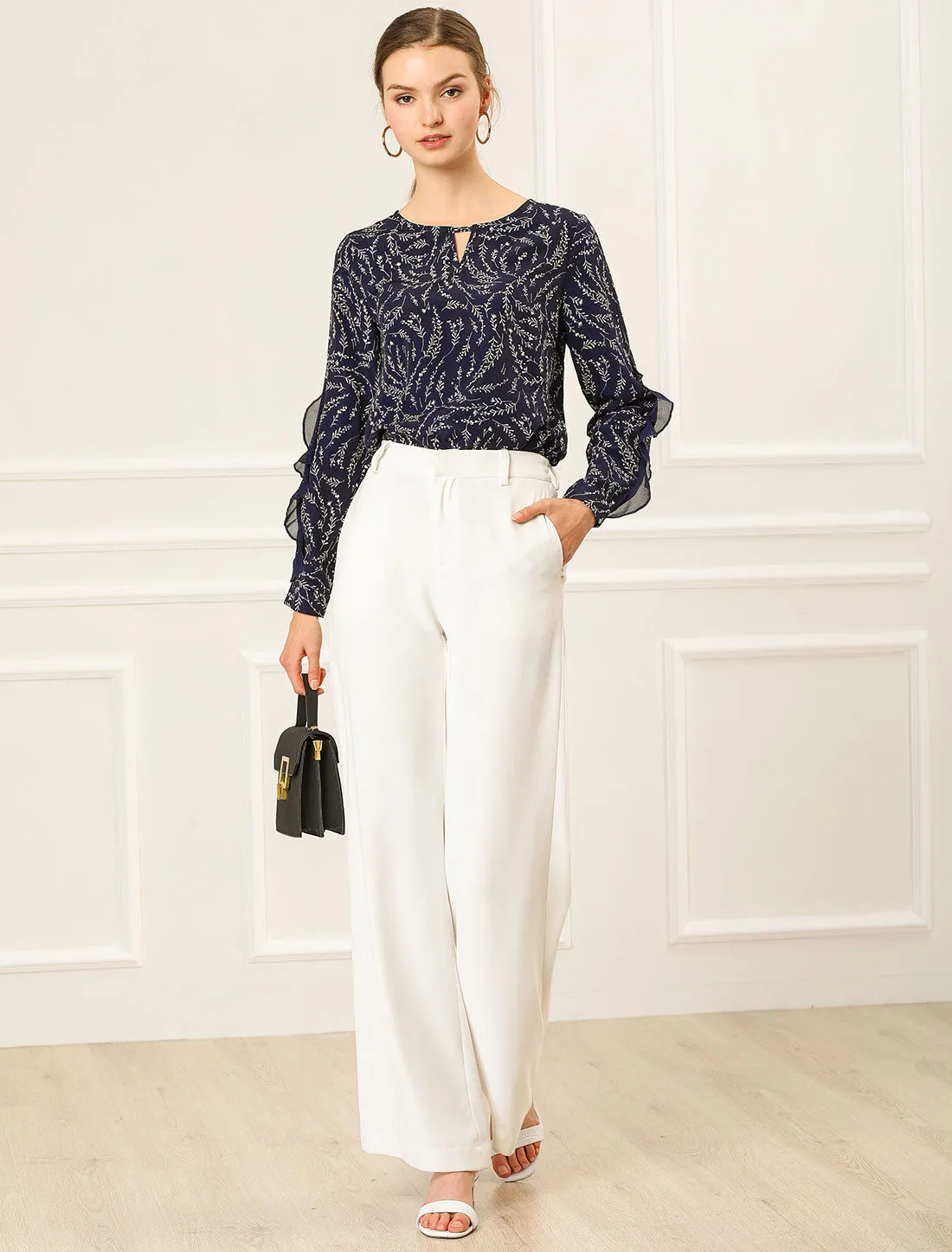 Lace Long Sleeve Keyhole Neck Branch Floral Ruffled Blouse sold by Allegra K