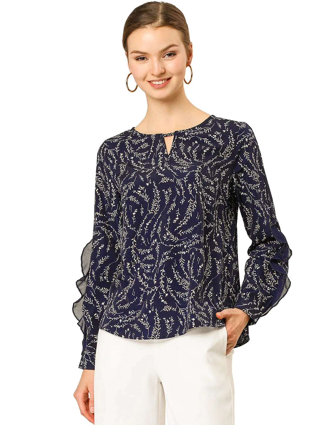 Lace Long Sleeve Keyhole Neck Branch Floral Ruffled Blouse sold by Allegra K product image thumbnail 3