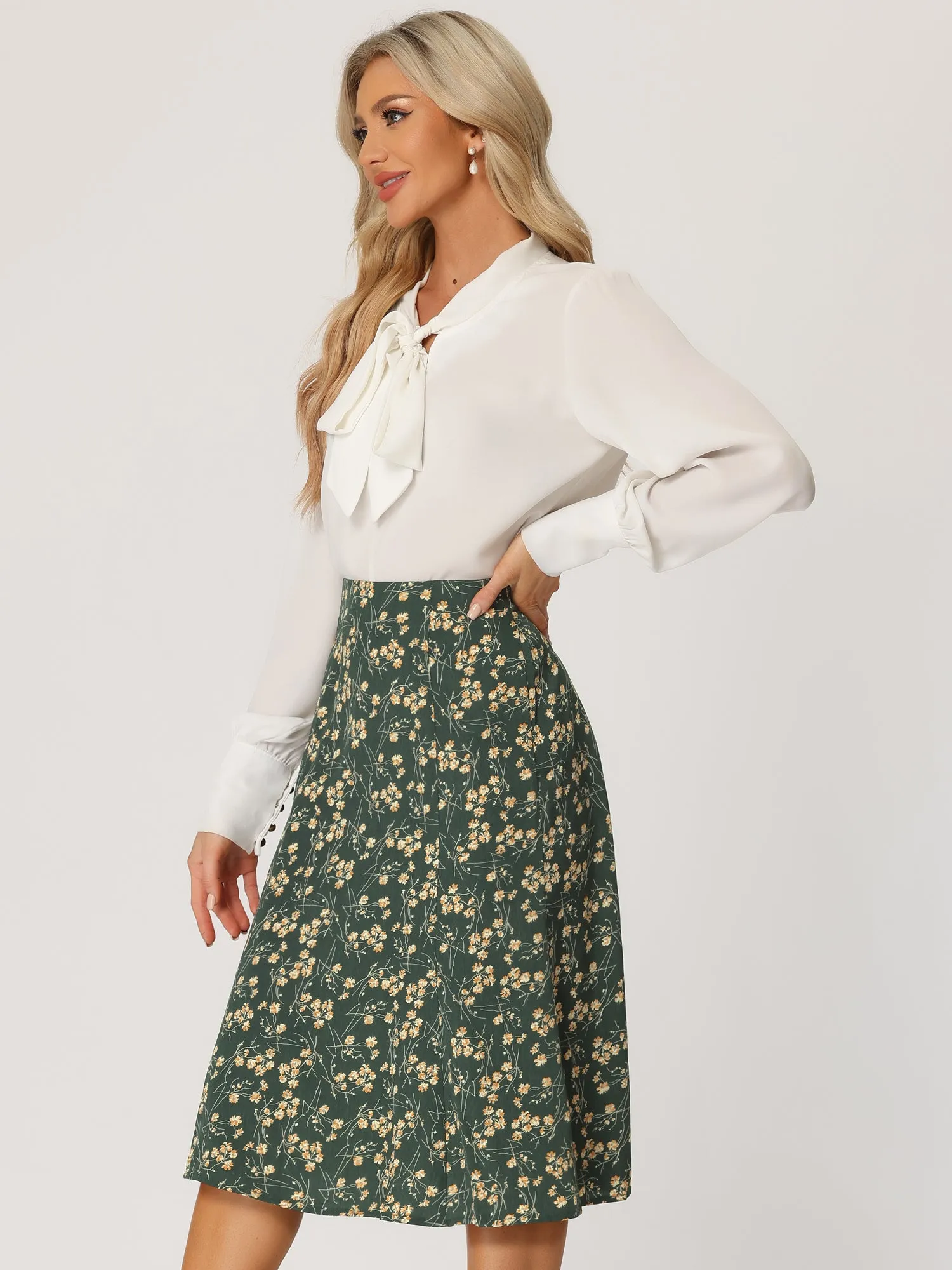 Floral Midi Peasant Elastic Waist A-Line Skirt sold by Allegra K product image thumbnail 2