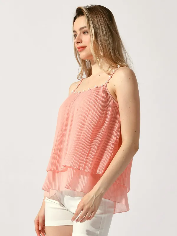 Double-Layer Pleated Ruffle Casual Spaghetti Strap Top sold by Allegra K