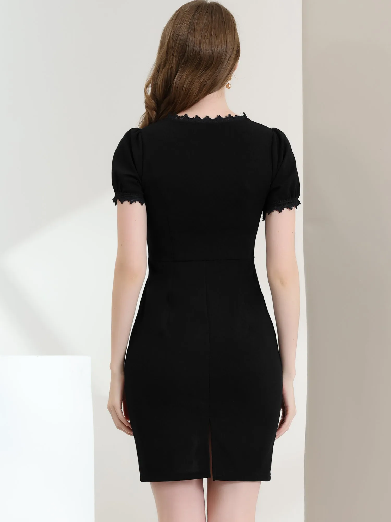 Elegant V Neck Lace Trim Short Sleeve Stretch Bodycon Mini Dress sold by Allegra K product image thumbnail 4