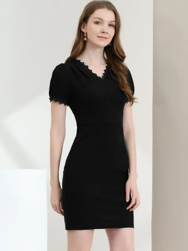 Elegant V Neck Lace Trim Short Sleeve Stretch Bodycon Mini Dress sold by Allegra K