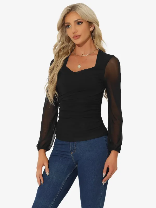 Ruched Mesh V Neck Long Sleeve Slim Fit Dressy Casual Blouse sold by Allegra K