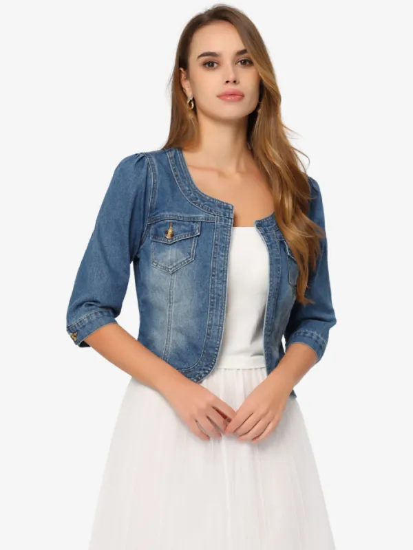 Denim Collarless Pockets 3/4 Sleeve Feminine Style Jacket sold by Allegra K