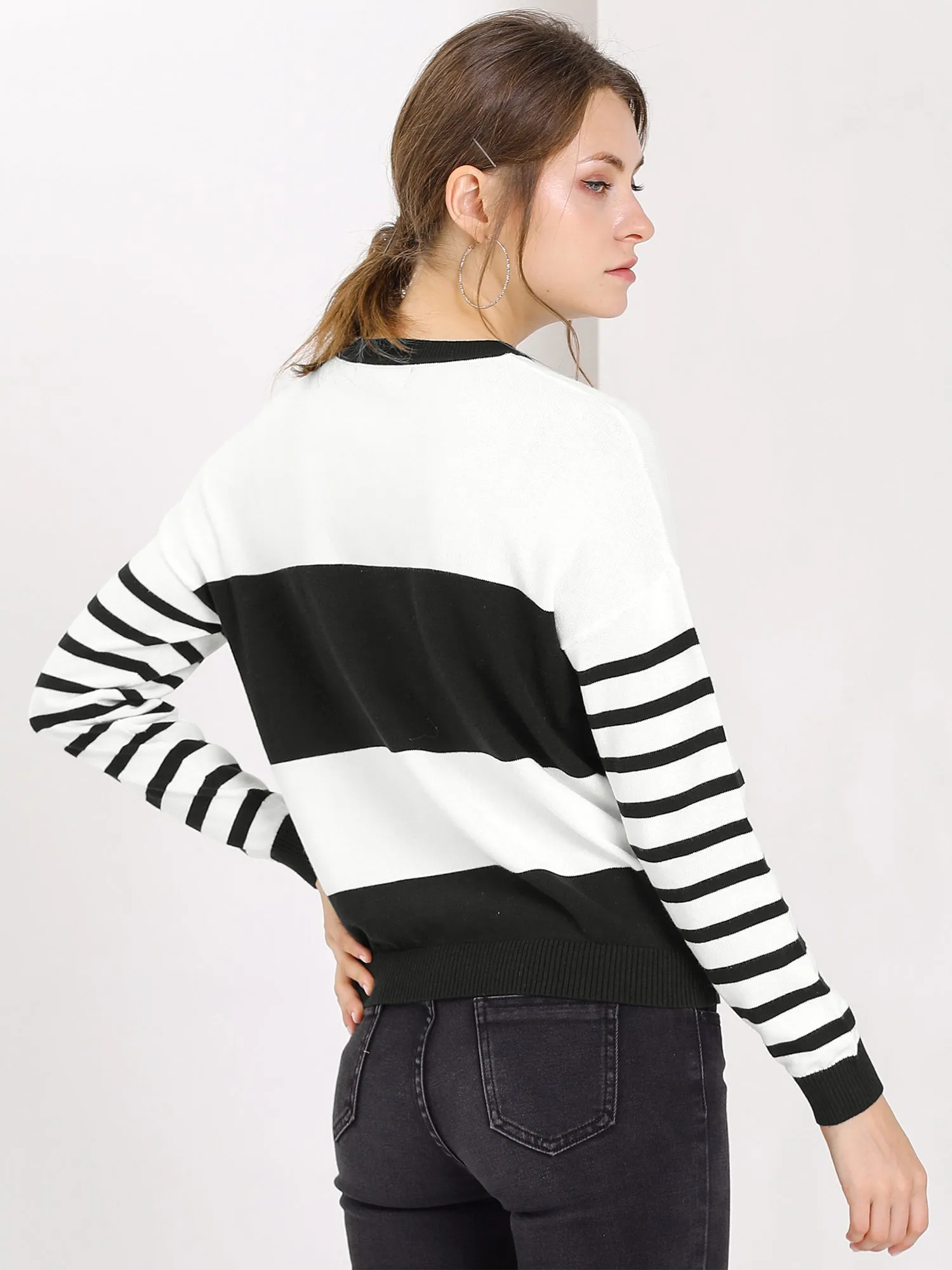 Drop Shoulder Crew Neck Striped Color Block Knit Pullover Sweater sold by Allegra K product image thumbnail 5