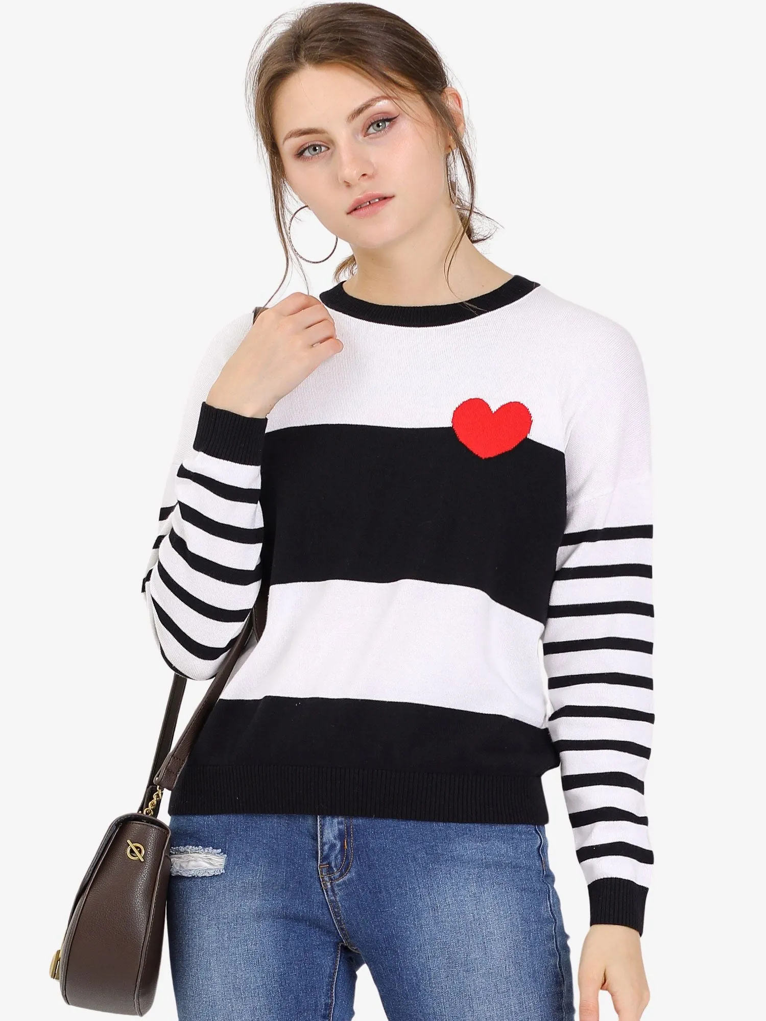 Drop Shoulder Crew Neck Striped Color Block Knit Pullover Sweater sold by Allegra K