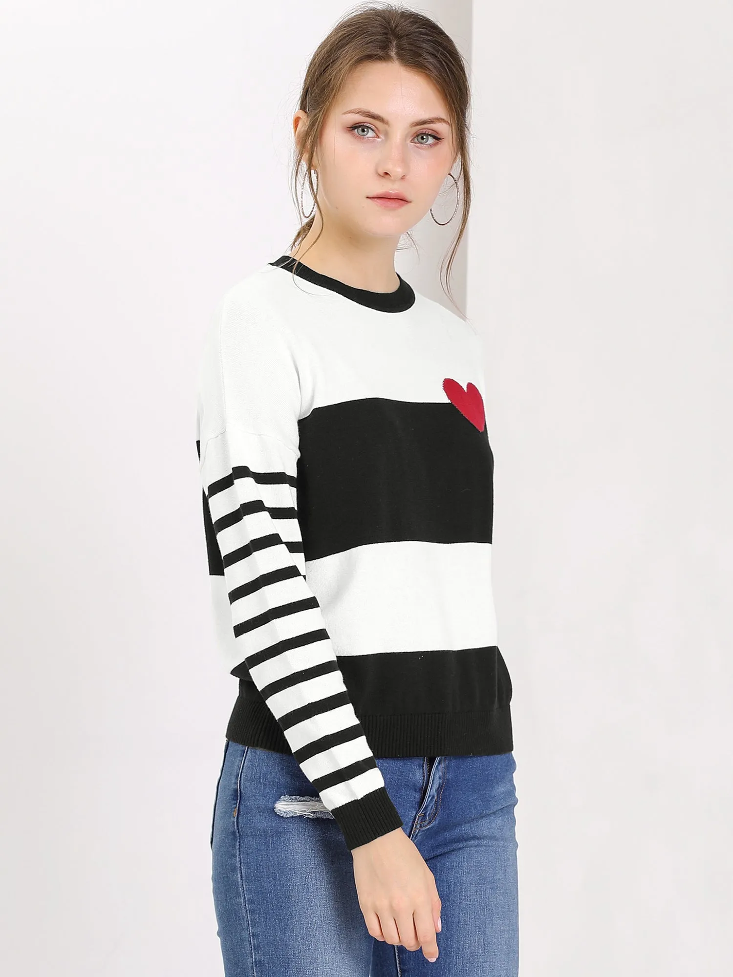 Drop Shoulder Crew Neck Striped Color Block Knit Pullover Sweater sold by Allegra K product image thumbnail 4