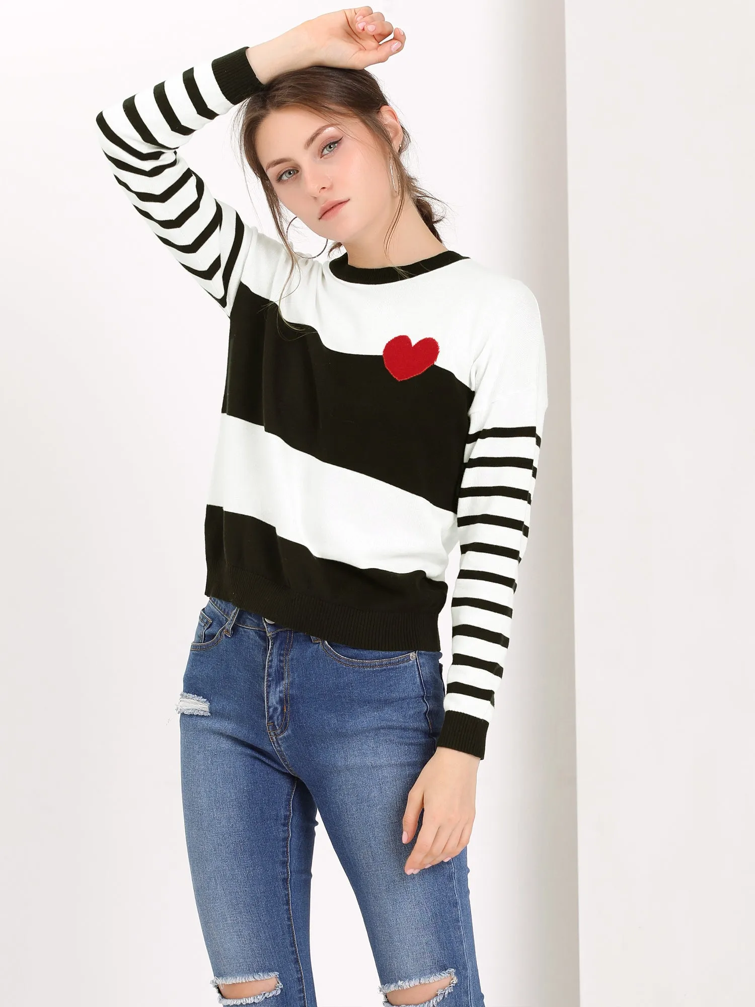 Drop Shoulder Crew Neck Striped Color Block Knit Pullover Sweater sold by Allegra K product image thumbnail 3
