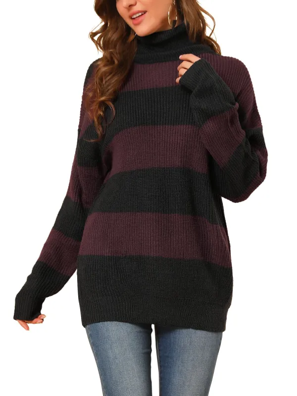 Women's Turtleneck Patchwork Knitted Batwing Sleeve Tunic Pullover Striped Sweater sold by Allegra K