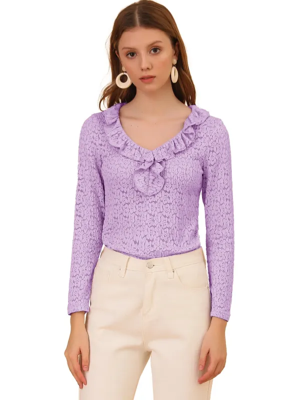 Women's Floral Lace Blouse Textured Semi-sheer Ruffle V Neck Long Sleeve Top sold by Allegra K